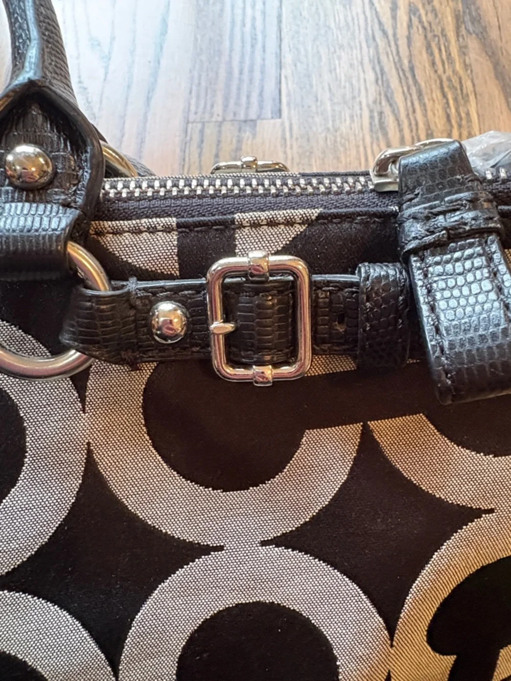 Coach Madison Sophia Satchel bag in black Op Art lured fabric w/leather trim